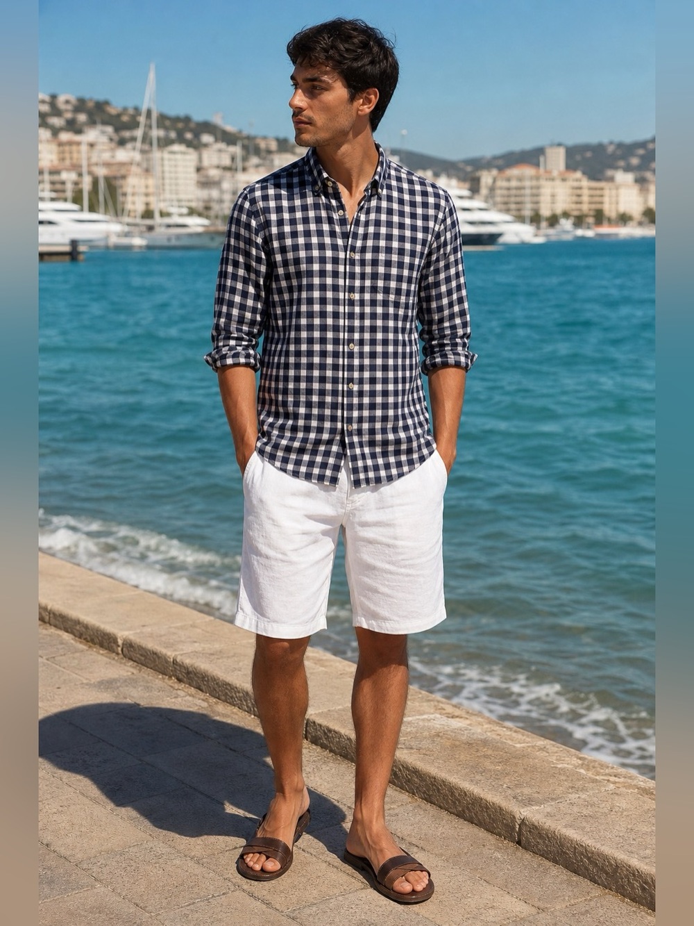 Men's Easy Wear navy linen cotton gingham button down shirt S